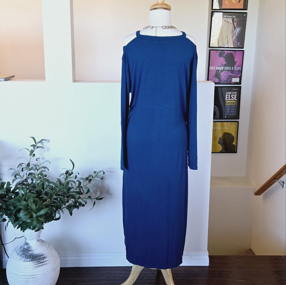 🏷️YANAK Cutout Teal Cotton Spandex Longsleeve Midi Dress XL - Picture 4 of 9